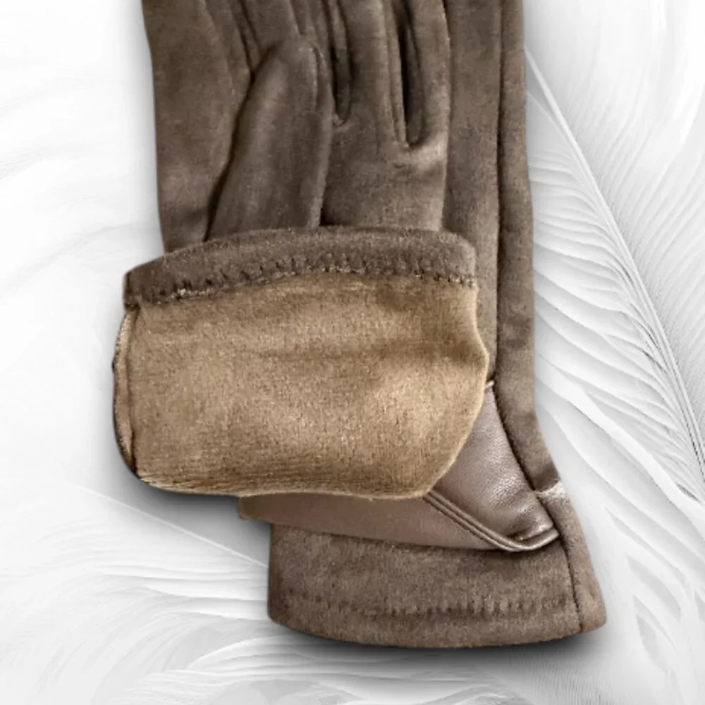Brown Faux Suede Touchscreen Gloves with Leather Trim